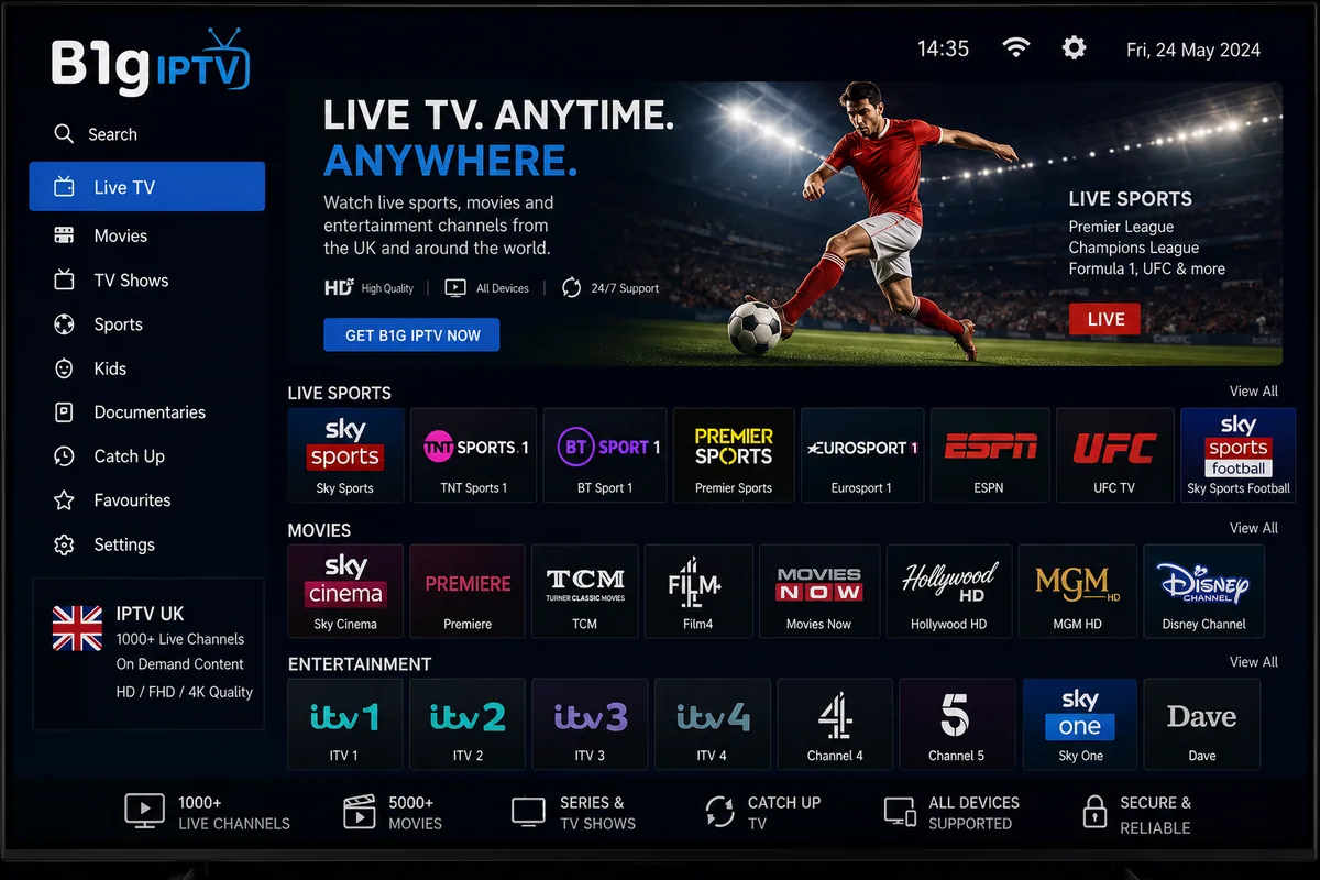B1G IPTV player showing live UK channels, sports and films on a television
