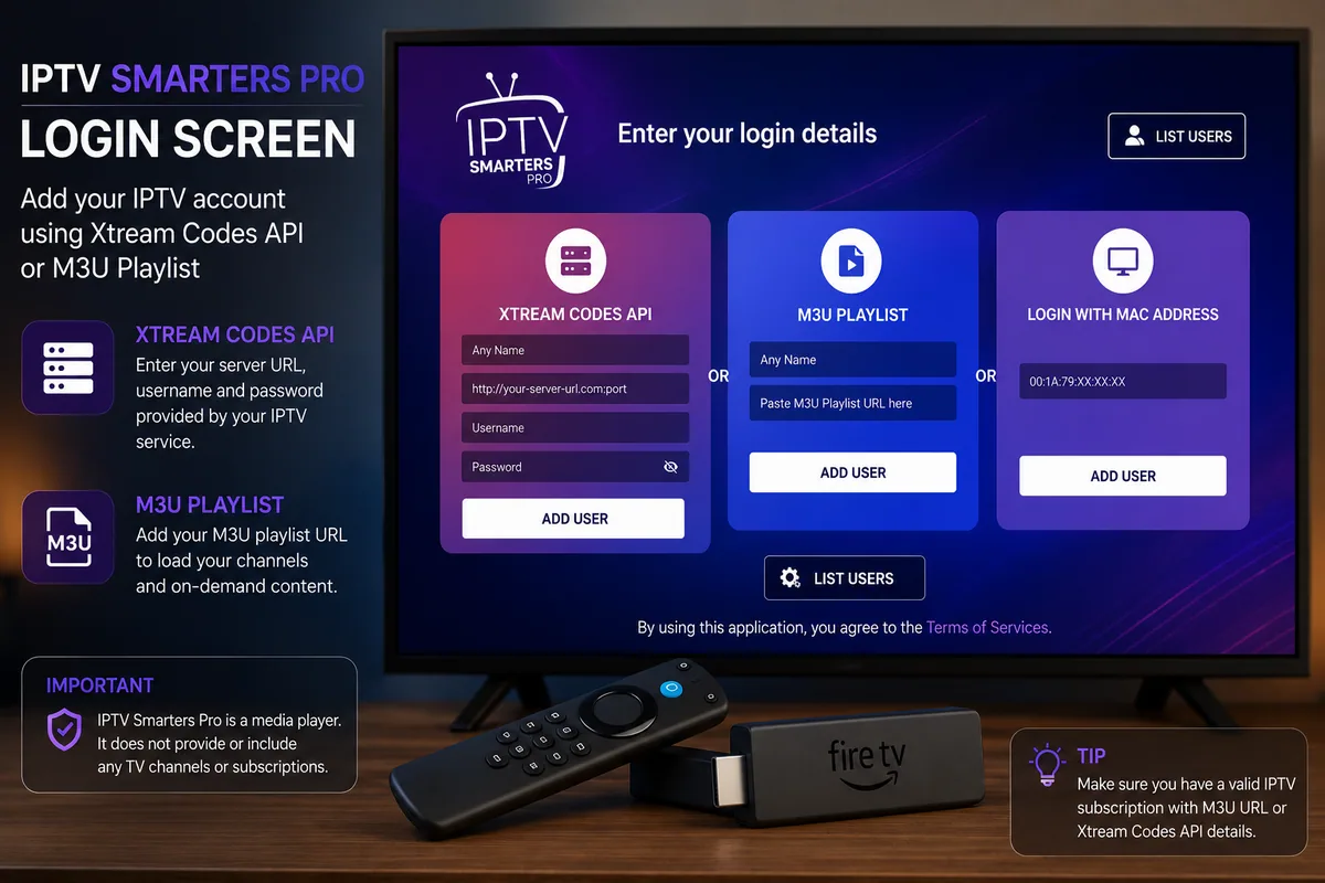 IPTV Smarters Pro login screen for adding IPTV account details