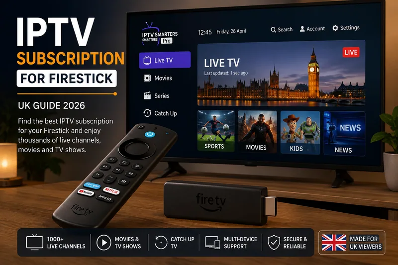 IPTV subscription for Firestick guide displayed on a UK smart TV