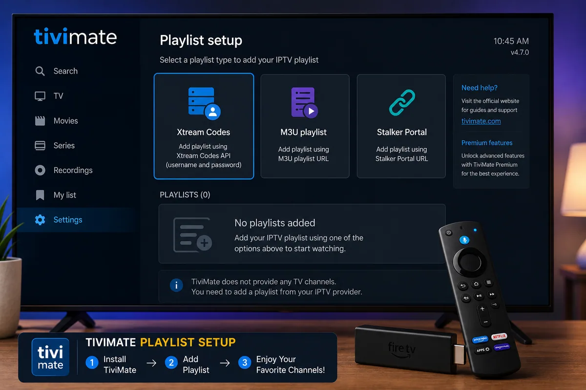 TiviMate playlist setup screen on Firestick