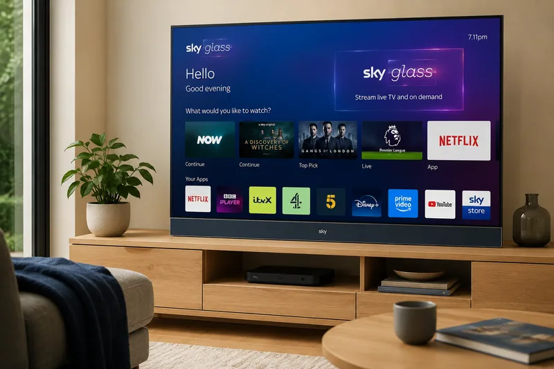 Sky Glass IPTV television setup connected to home broadband in the UK