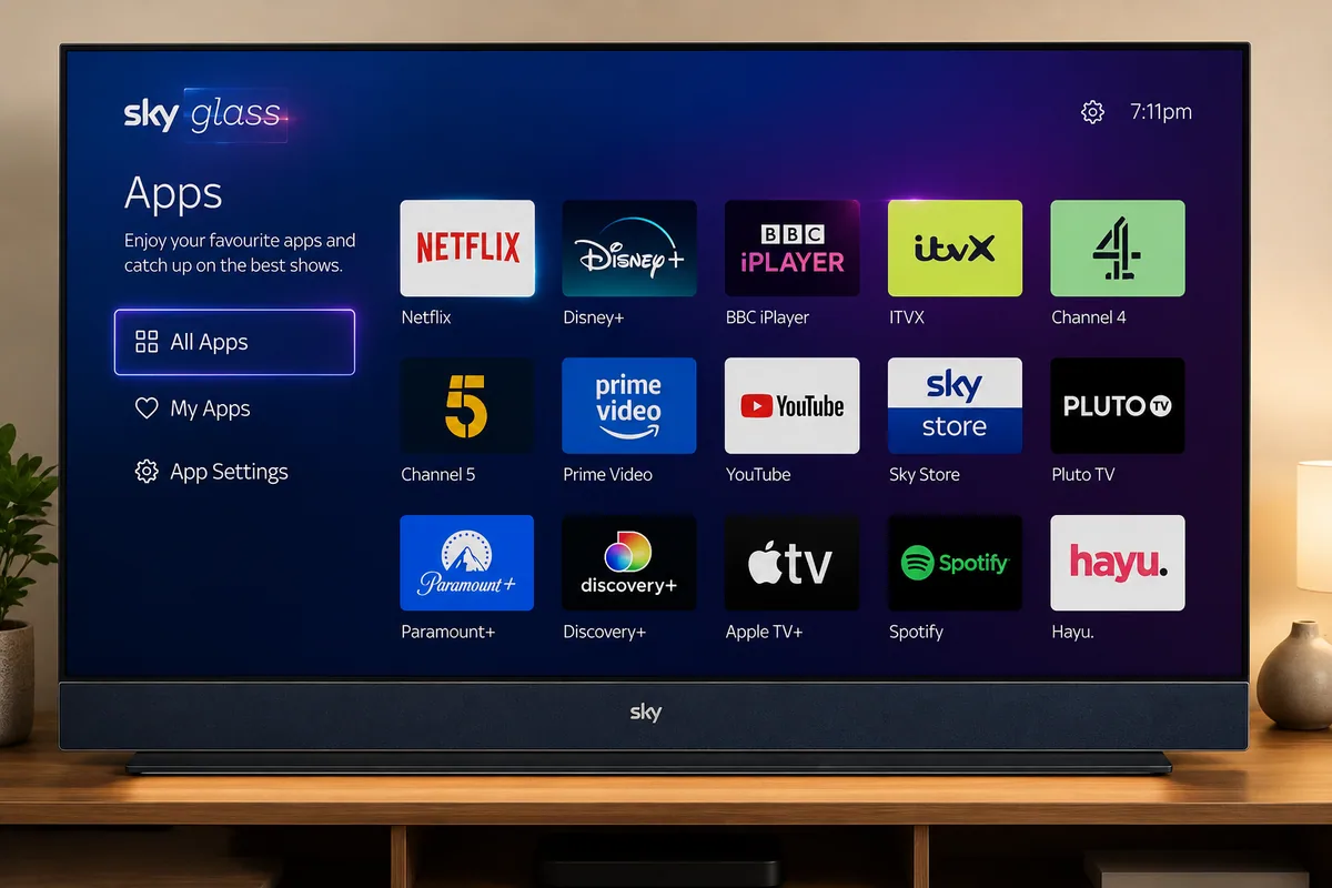 Sky Glass IPTV apps menu showing supported UK streaming services