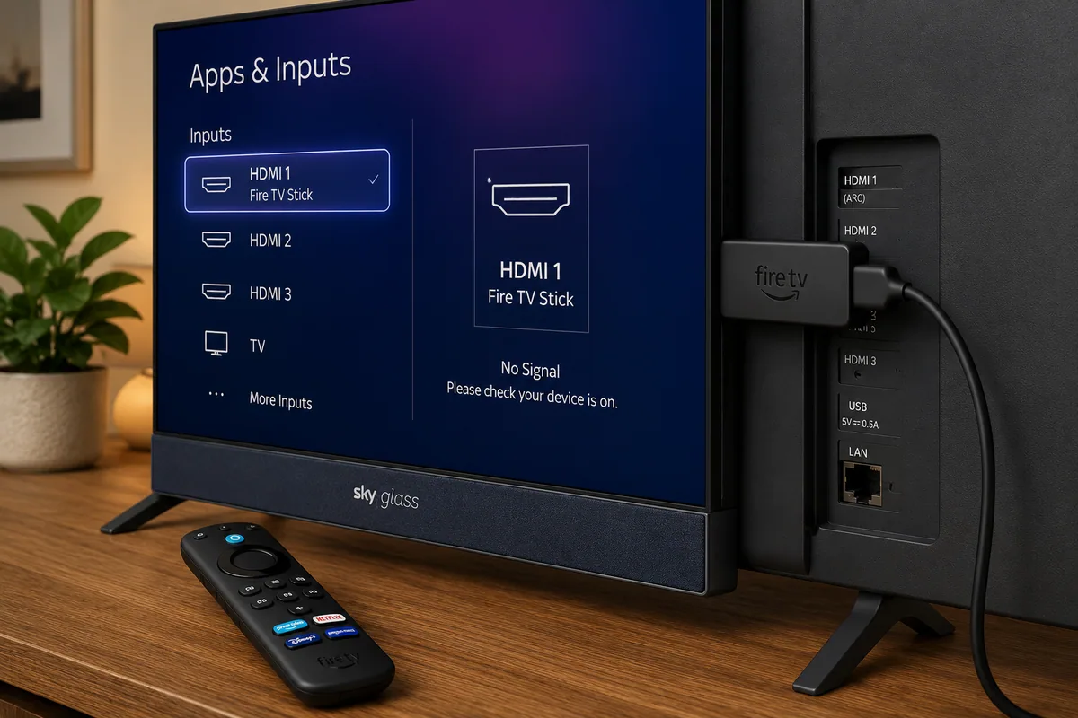 Amazon Fire TV Stick connected to Sky Glass television through HDMI