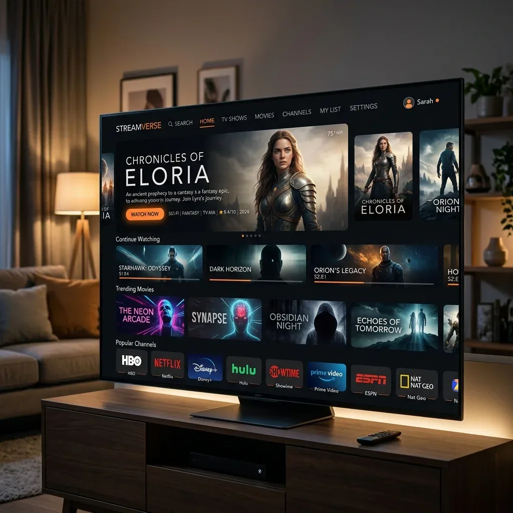 Amazon Firestick displaying an IPTV player interface with live TV channels, movies, and entertainment on a smart TV.