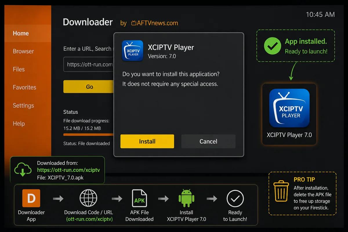 XCIPTV Player 7.0 installing on an Amazon Fire TV Stick after using a downloader code for XCIPTV