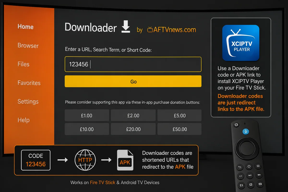 Downloader app URL field on a Fire TV Stick where an XCIPTV download code is entered