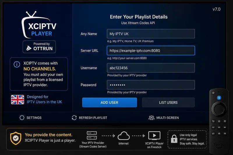 XCIPTV playlist setup screen on Firestick showing Xtream Codes server URL, username and password fields