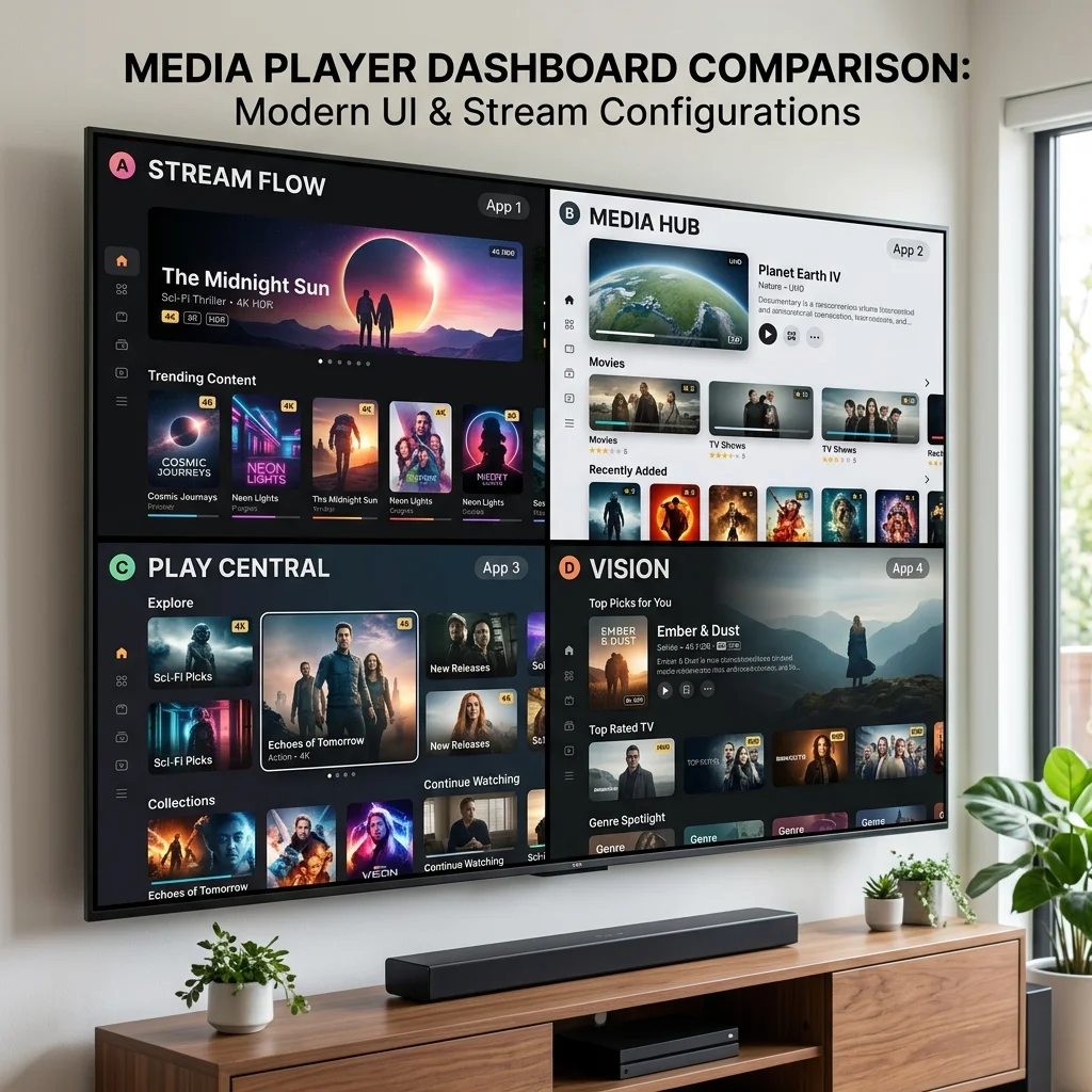 IPTV player dashboard displaying movies and television categories