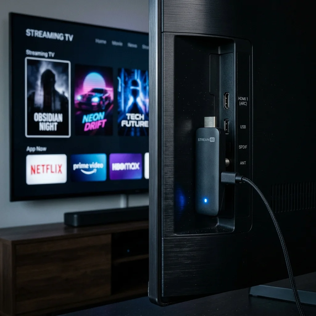 IPTV streaming lifestyle layout with Amazon Fire TV Stick remote