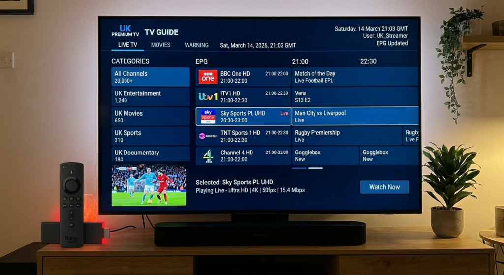 IPTV Firestick 4K app interface displaying 20000 UK channels with real-time EPG on Amazon Fire TV Stick 4K Max