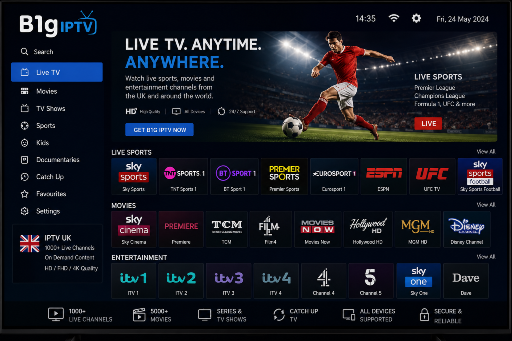 B1g IPTV subscription interface showing IPTV UK live sports and entertainment channels