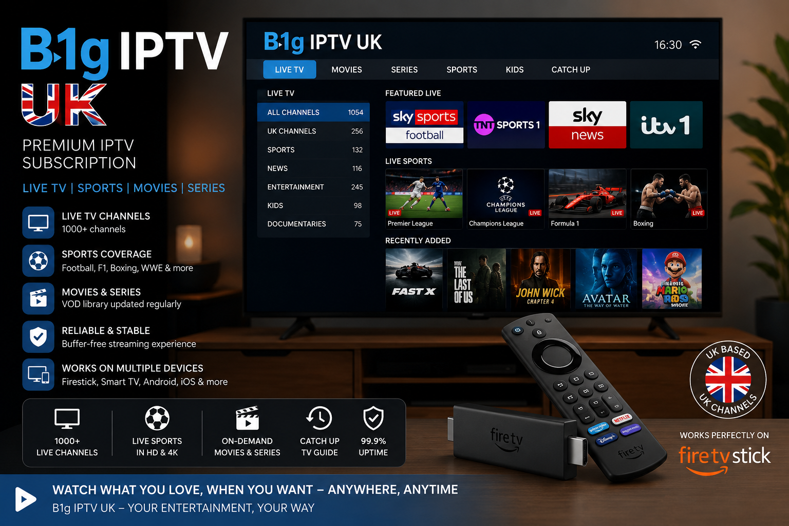 B1g IPTV UK subscription streaming service on Firestick with live TV channels