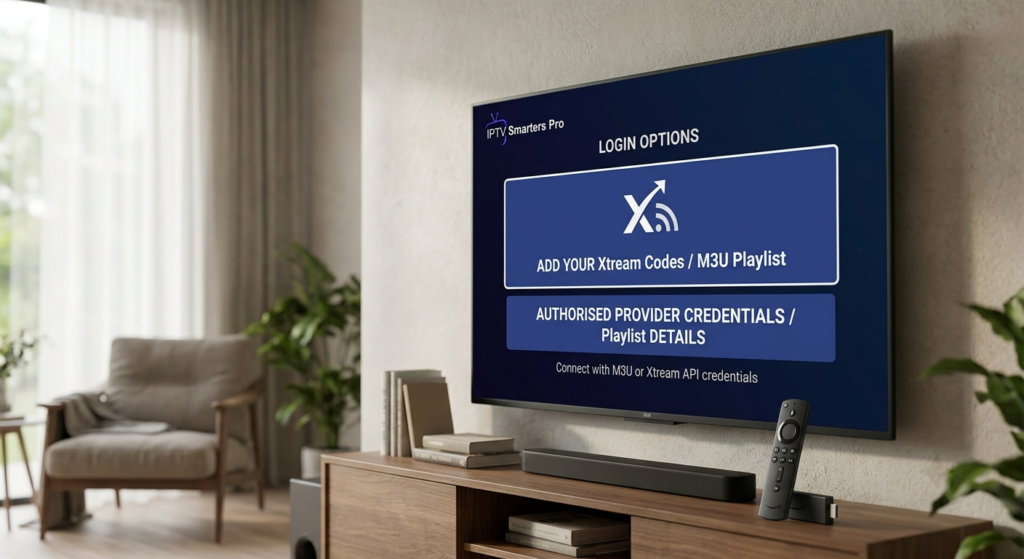 Smarters IPTV login screen with Xtream Codes and M3U playlist options