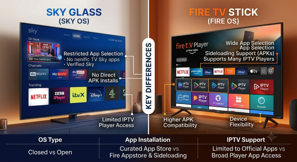 Sky Glass IPTV APK compatibility comparison with Amazon Fire TV Stick
