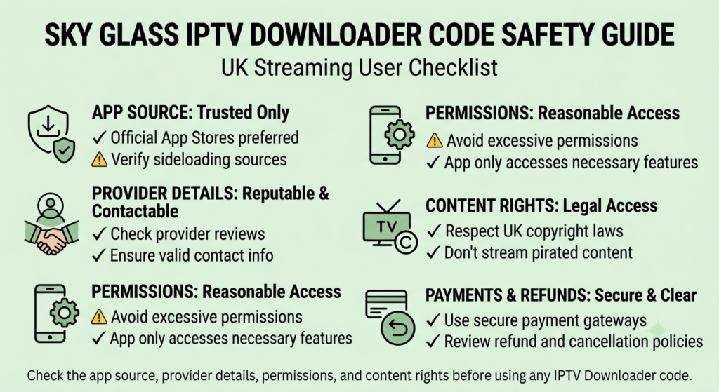 Sky Glass IPTV Downloader code safety checklist for UK streaming users