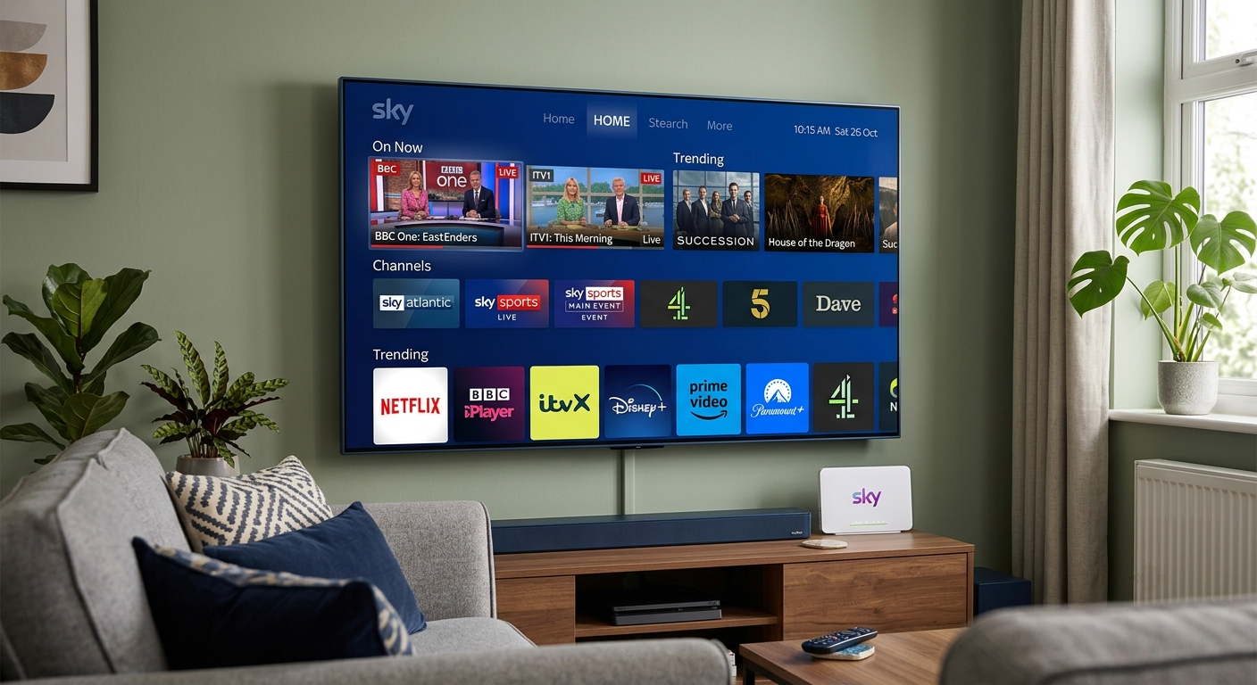 Sky Glass IPTV home screen showing live TV and streaming apps in a UK living room